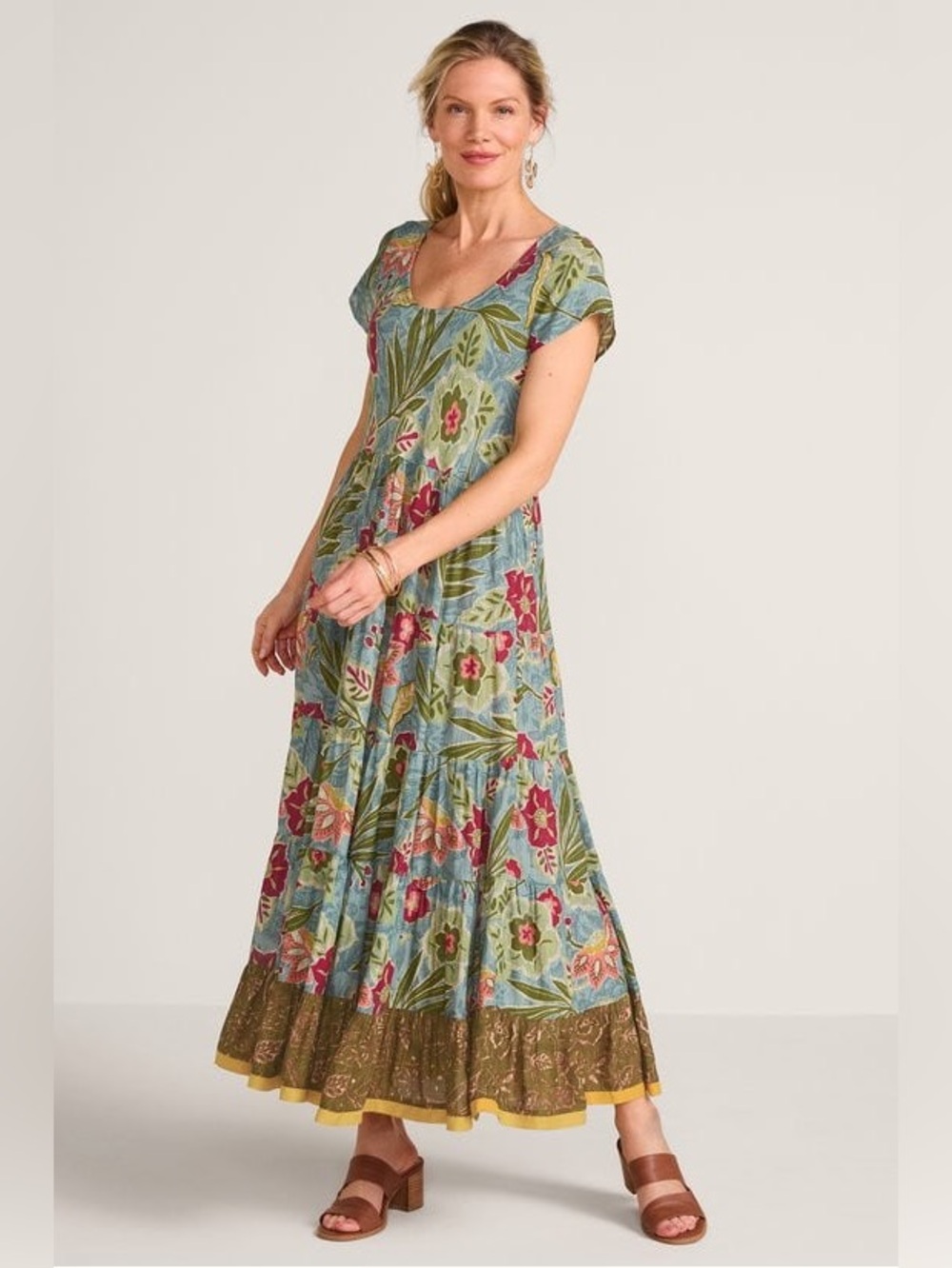 Soft Surroundings Kara Floral Dress Boho Summer Lightweight S Sage Island Batik